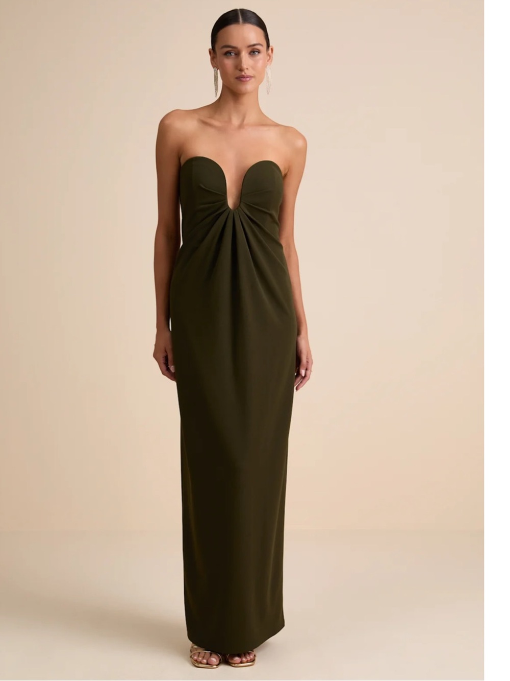 Lulus Thula Dark Olive Green Cutout U-Bar Column Crepe Maxi Dress Event NWT Med.